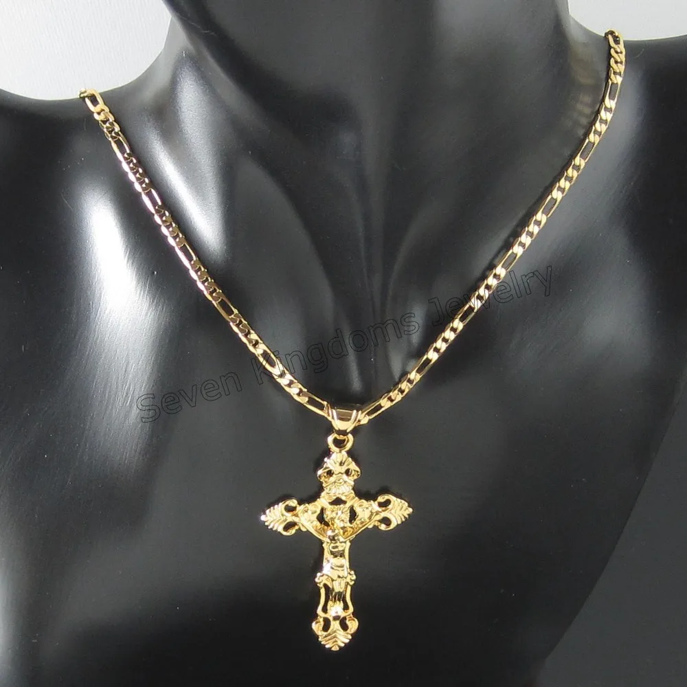 

GOLD COLOR JESUS CROSS PENDANT Christ Redeemer christian catholic 18INCH or 24INCH NECKLACE