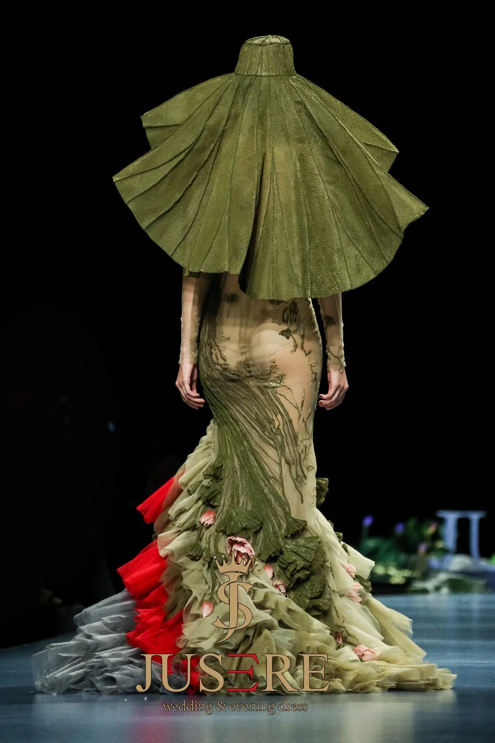 JUSERE-Vestido largo de fiesta con bordado de flores, traje de fiesta de sirena verde, Apliques de encaje