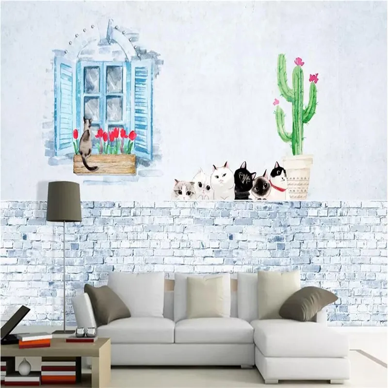 Custom Mural Wallpaper Hand-Painted Cactus Animal Kittens Children's Background Wall Painting