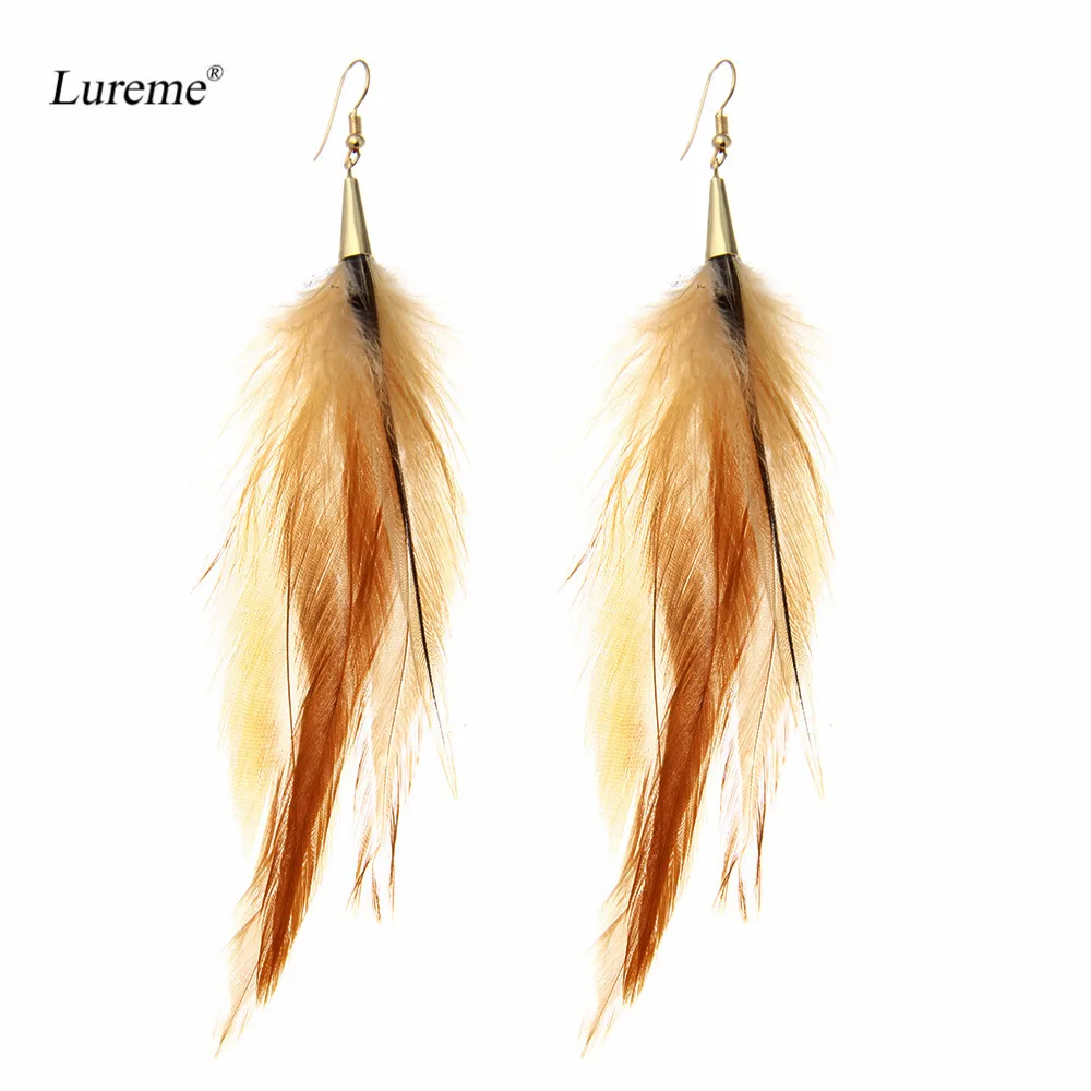 Lureme Womens Bohemian Handmade Natural Khaki Long Feather Dangle Earrings (er005529)