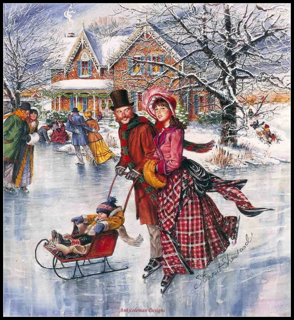 Victorian Skater Couple - Counted Cross Stitch Kits - Handmade Needlework for Embroidery 14 ct Cross Stitch Sets DMC Color