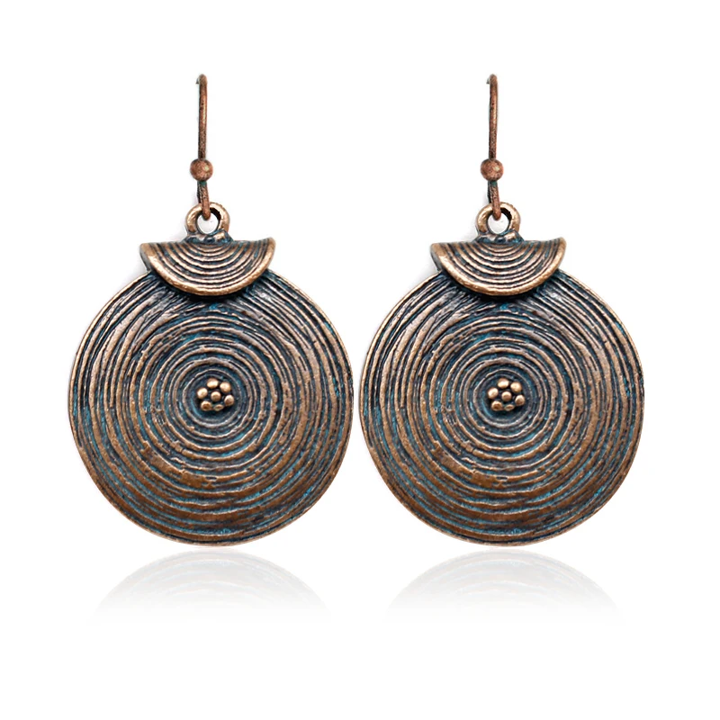 Retro Spiral Texture Disc Water Ripple Earrings Bronze Ethnic Simple Rustic Bohemian Woman Fashion Holiday Jewelry