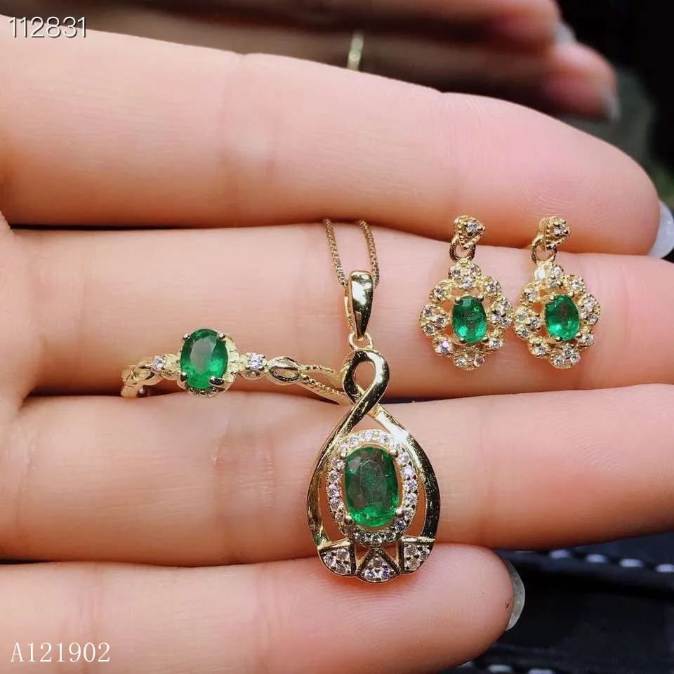 

KJJEAXCMY Exquisite Jewelry 925 Silver-inlaid Natural Gem Emerald Girl Ring Dropping Earrings Set Support Detection