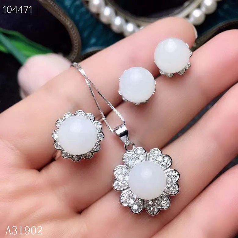 

KJJEAXCMY Boutique jewelry 925 sterling silver inlaid natural Hetian white jade female ring necklace pendant earrings set suppo