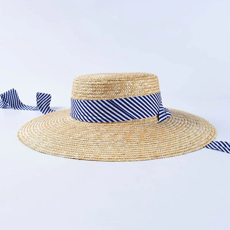 2019 New Women Wide Brim Wheat Straw Hats Summer Beach Sun Hat with Navy Blue Striped Ribbon Tie Boater Hat Vocation Derby Cap