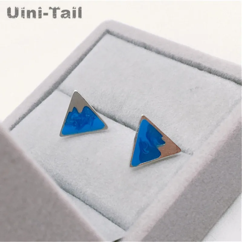 925 Tibetan silver Mt.Fuji blue triangle earrings wholesale cute cute earrings Han Sen mini accessories high quality ED050