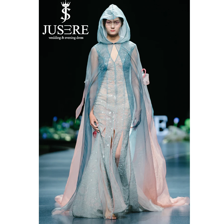 

JUSERE FASHION SHOW Sexy See Through Long Evening Dress With Blue Cape Formal Dresses Robe De Soiree Vestido de festa