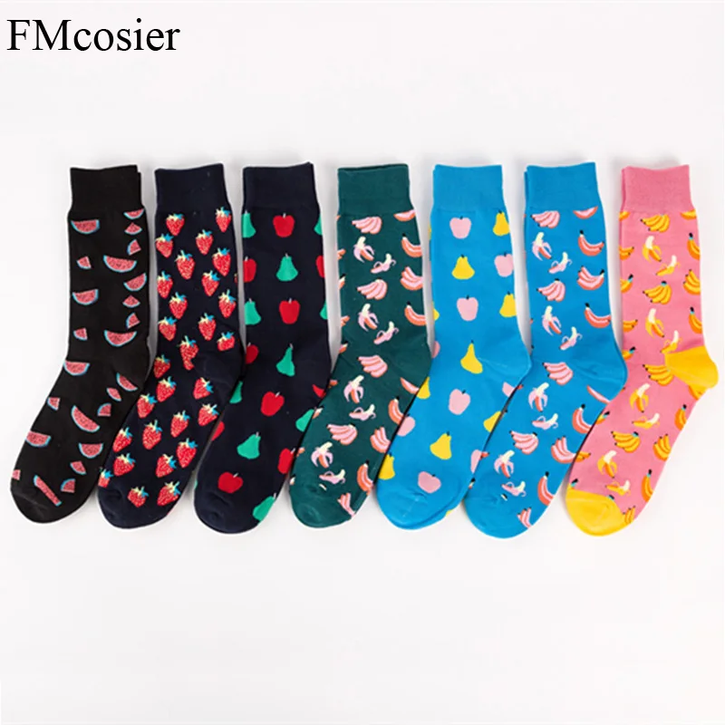 7 Pairs Men's Winter Spring Fruit Socks Funny for man Cotton Long Socks Set Gifts enough Size 43 44 45 46 Black Blue Green