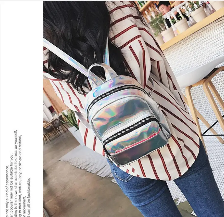 2023 New Women Hologram Backpack Laser Daypacks Female Silver Pu Leather Holographic Bags Big Girl School Bag