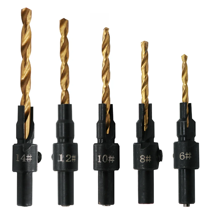 Broca para escareador 5 argolas, conjunto de brocas para escareador de madeira com buracos para parafuso de tamanhos #6 #8 #10 #12 e #14 + 1 chave de peça