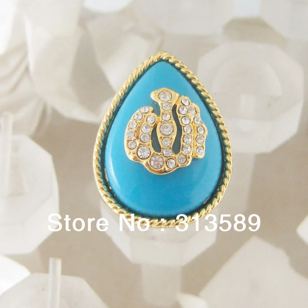 YELLOW GOLD PLATED MUSLIM ALLAH GOD CZ BLUE STONE WATER DROP RING SIZE 6 to 9/GREAT GIFT/