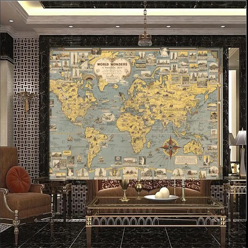 Retro style world ancient architecture culture distribution map TV background wall professional production wallpaper wall custom