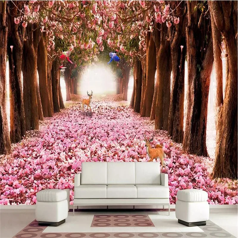 

Deer romantic cherry blossom 3D fashion TV background wall professional production wallpaper mural custom home wall