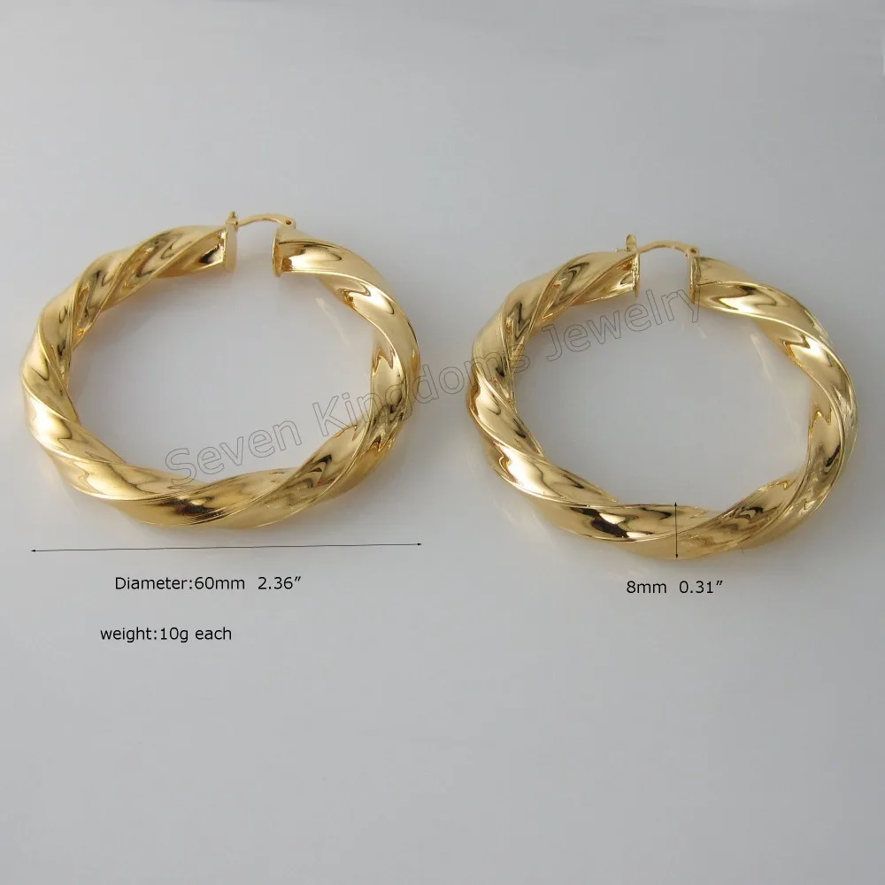 PLAIN TWIST YELLOW GOLD COLOR FILLED  BRASS HUGE HOOP 60MM 2.36