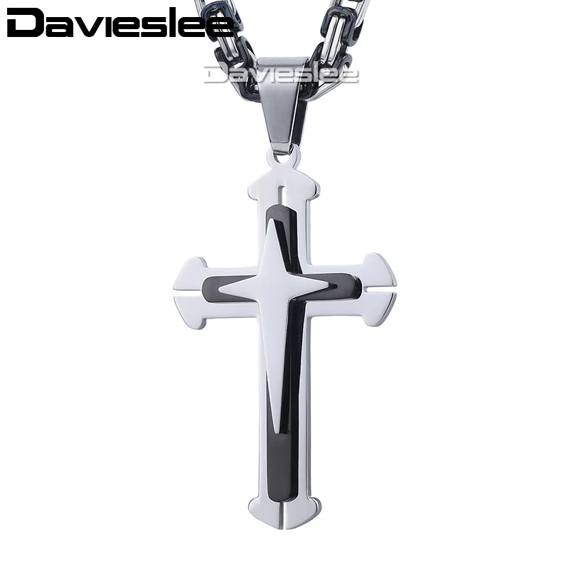 Davieslee Cutout Cross Pendant Necklace for Men Gold Black Silver Color Stainless Steel Wholesale Jewelry LKP180