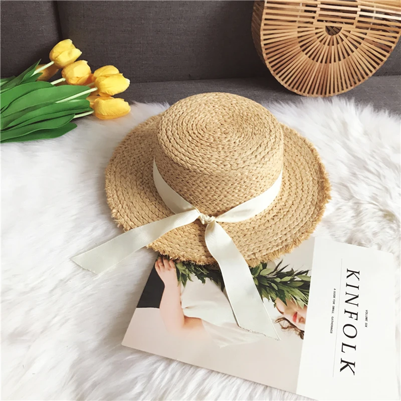 Luna&Dolphin Handmade Women Summer Sun Hat Beach Raffia Panama Straw Cap Big Brim Black White Bow Ribbon Temperament Flat UV Cut