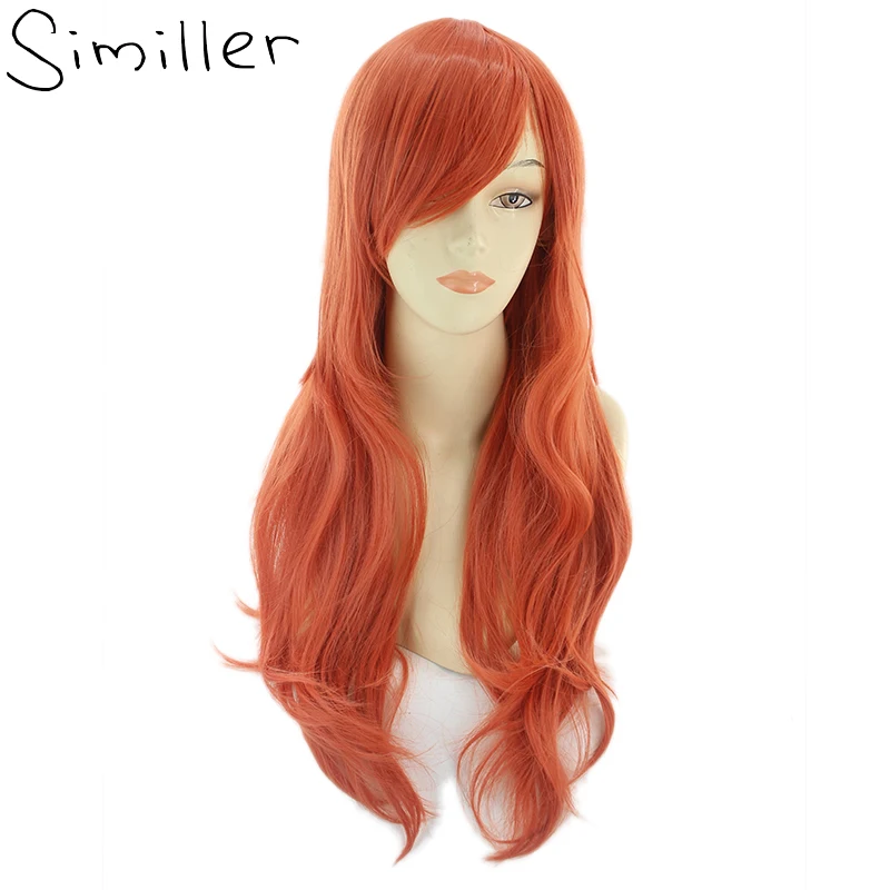 Similler Women Long Synthetic Cosplay Wigs For Costumes Halloween With Bangs Orange Wavy Hair