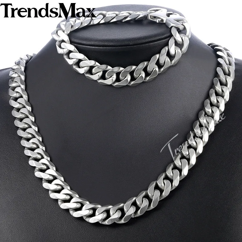 15mm Matte Jewelry Set Mens Bracelet Necklace Silver Color  316L Stainless Steel Cut Curb Cuban Link Chain HS42