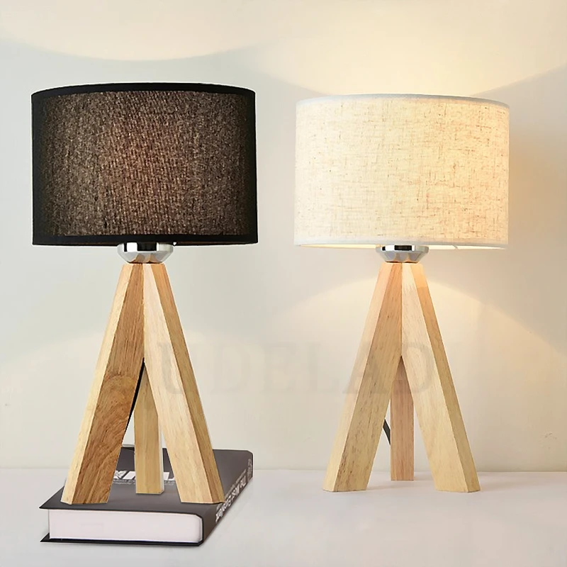 Wooden Table Lamp With White Black cloth lampshade Home decor living room Bedside Desk light E27 Study Reading Lighting Fixture