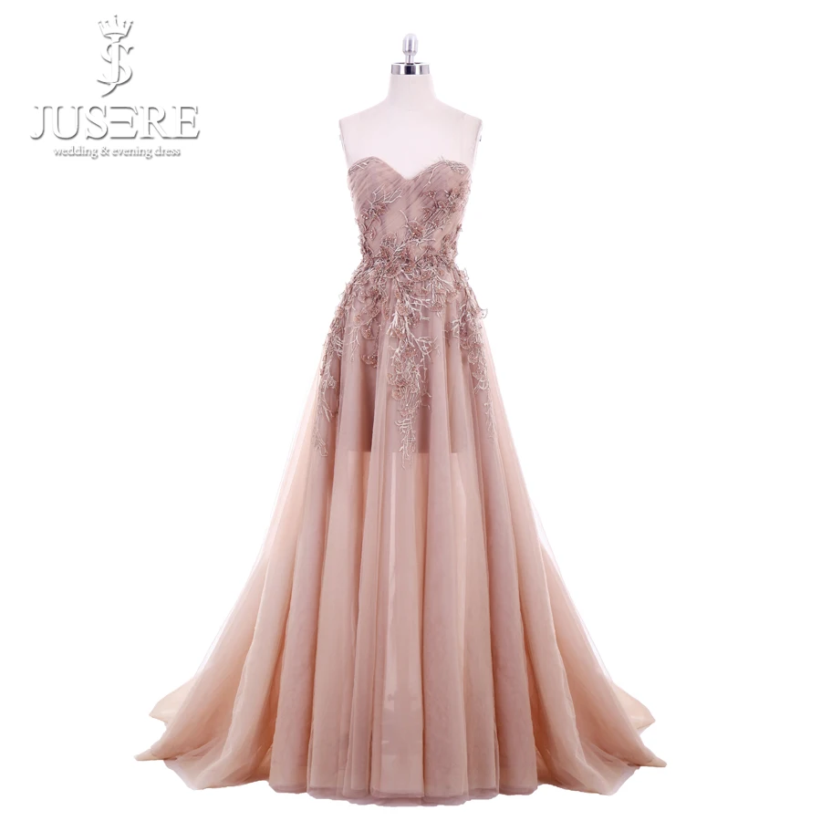 Jusere 2018 New A-Line Sweetheart Applique Top Sweep Train Zipper up Back Illusion Long Prom Dress Lace Appliques Evening Gowns