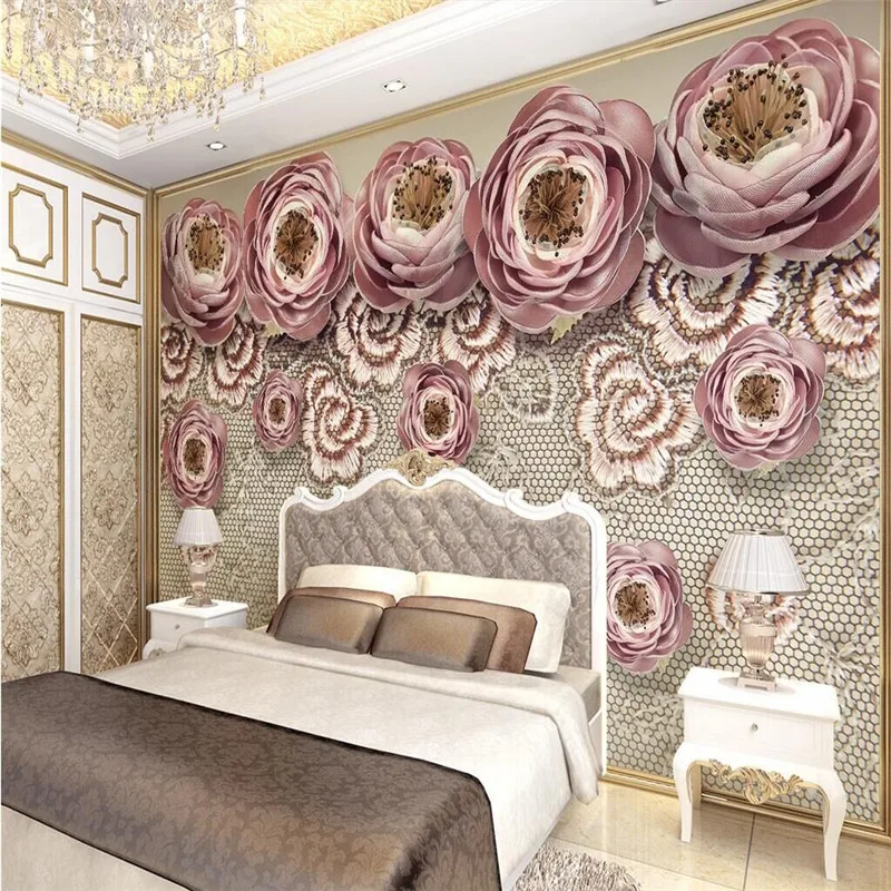 

Luxury embroidery lace silk flower European 3D TV background wall professional production of large-scale background wall paper