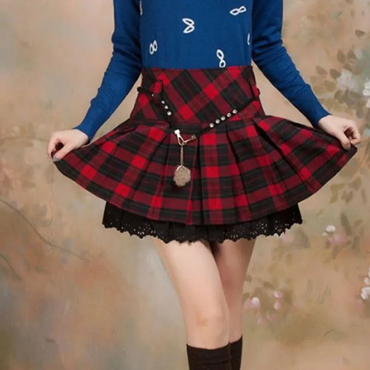 

Autumn Winter Casual Short Skirts Women's Red Scotland Skirt Tartan Kilt Pleated Lace Plaid