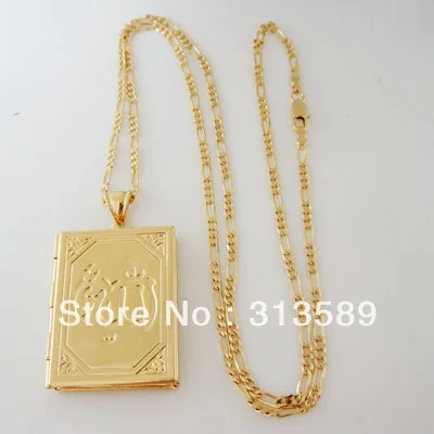 YELLOW GOLD PLATED 24INCH FIGARO CHAIN NECKLACE MUSLIM ALLAH GOD OPENABLE PENDANT CAN PUT PICTURE GREAT GIFT