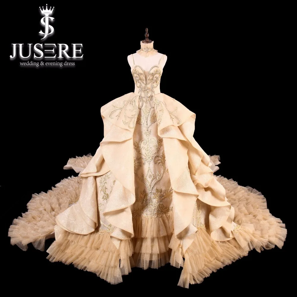 Jusere Emas Mewah Pernikahan Gaun Strapless Backless Katedral/Royal Kereta Pengantin Gaun Pesta Putri Gaun Vestido De Noiva