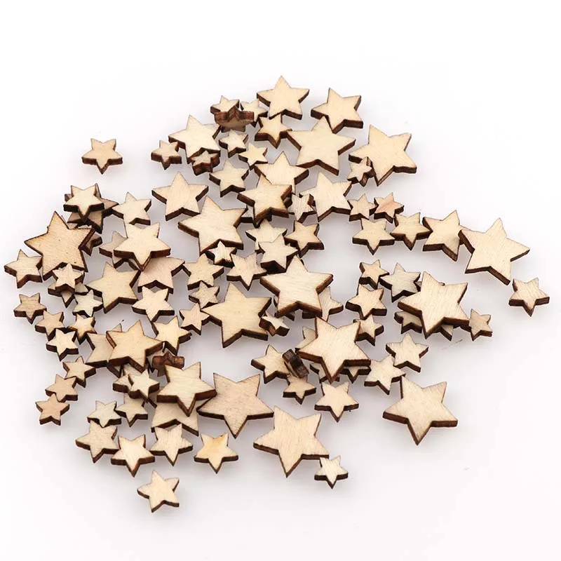 100Pcs DIY Size mixing Pentagram wood chips decorative Embellishments Crafts Scrapbooking Supplies Hand-made Graffiti Buttons