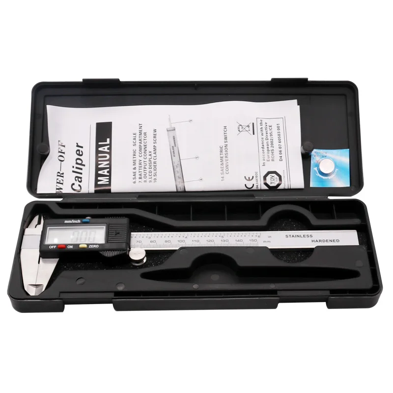 Điện Tử Kỹ Thuật Số Vernier Caliper 150Mm Thép Không Gỉ Cai Trị Đo Micromet 6 Inch LCD Đo Thước Dụng Cụ Có Hộp Nhựa