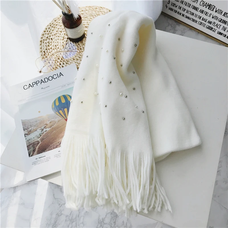 Luna&Dolphin Women Winter Scaves Warm Knitted White Pearl Nail Bead Soft Scarves Tassel Woolen Big Tippet Pashmina Blanket Shawl