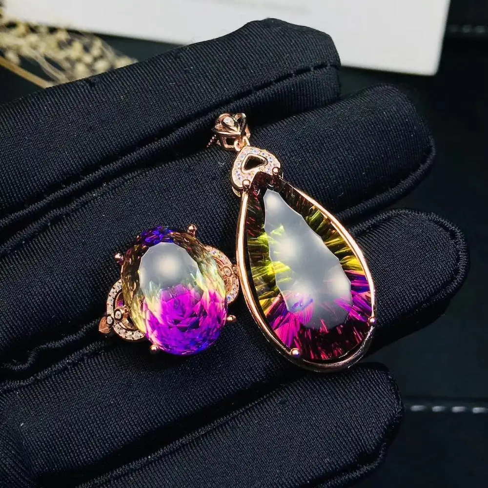 KJJEAXCMY boutique jewelry 925 sterling silver inlaid amethyst gemstone female ring necklace pendant 2 sets of new large ring