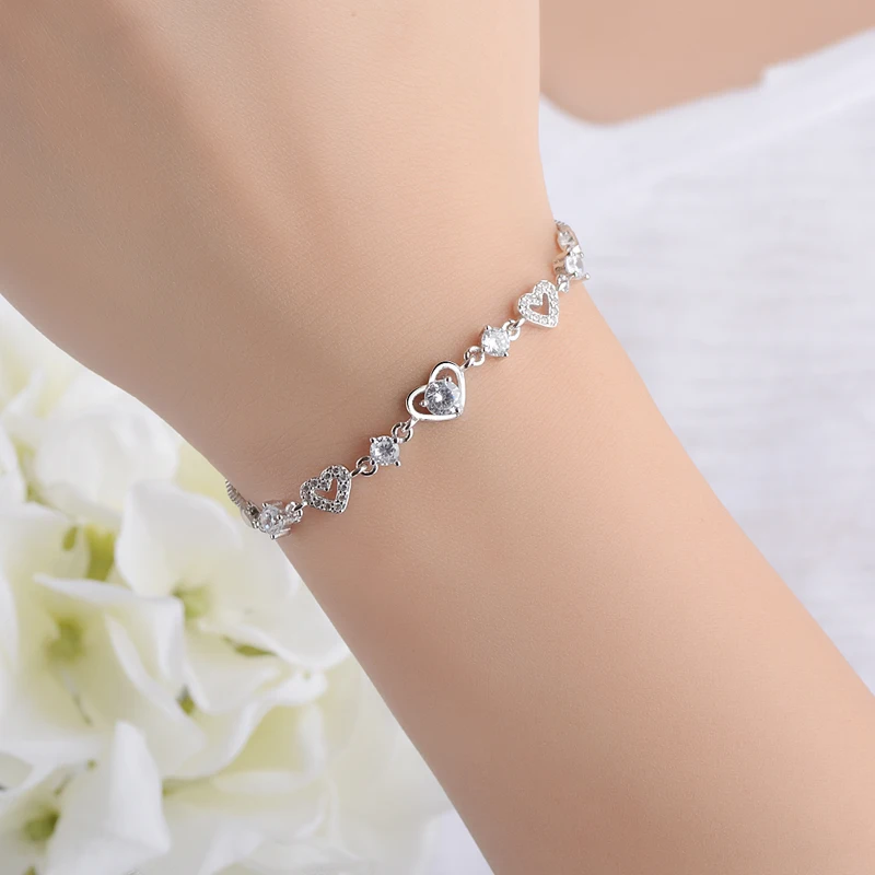 Trendy Sweet Heart Crystal Women Bracelet Fashion Silver 925 Bangle Girl Party Accessories New Arrival Bride Wedding Bracelets