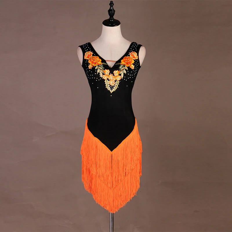 

Tassel fringe Latin Dance Dress Lady Ballroom Tango Dresses Cha Salsa Clothes For Women Latin Practice Wear orange tassel lq043