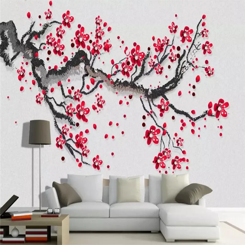 

Beautiful HD hand-painted plum red plum new Chinese TV background... Specializing in the production of wallpaper murals custom p