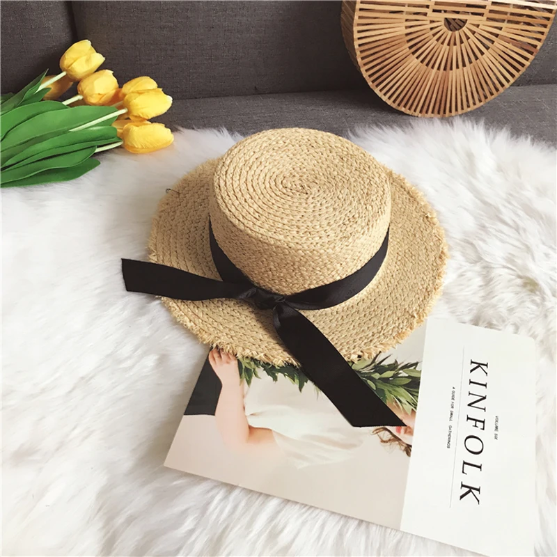 Luna&Dolphin Handmade Women Summer Sun Hat Beach Raffia Panama Straw Cap Big Brim Black White Bow Ribbon Temperament Flat UV Cut