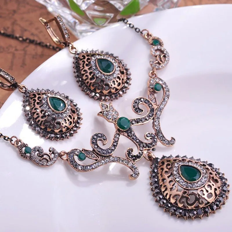 Zlxgirl jewelry Green Crystal wedding necklace earring bridal jewelry sets women\'s party vintage necklace sets turkish jewelry