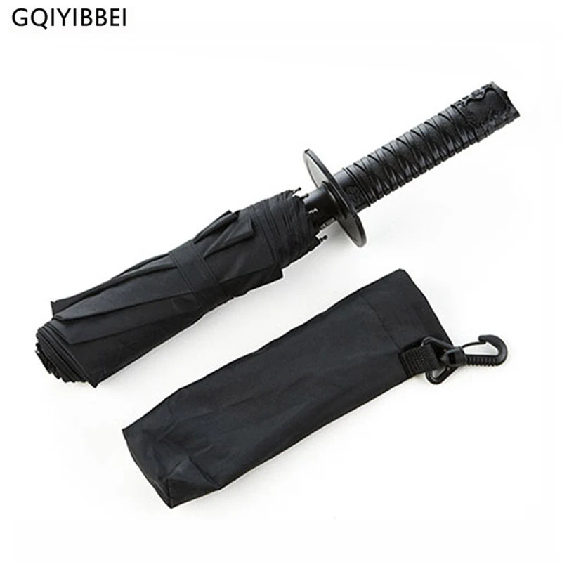 GQIYIBBEI Creative Japanese Samurai Ninja-like Sword Dagger Shape Umbrella Long-handle Black Rain Sun Folding knife Umbrellas