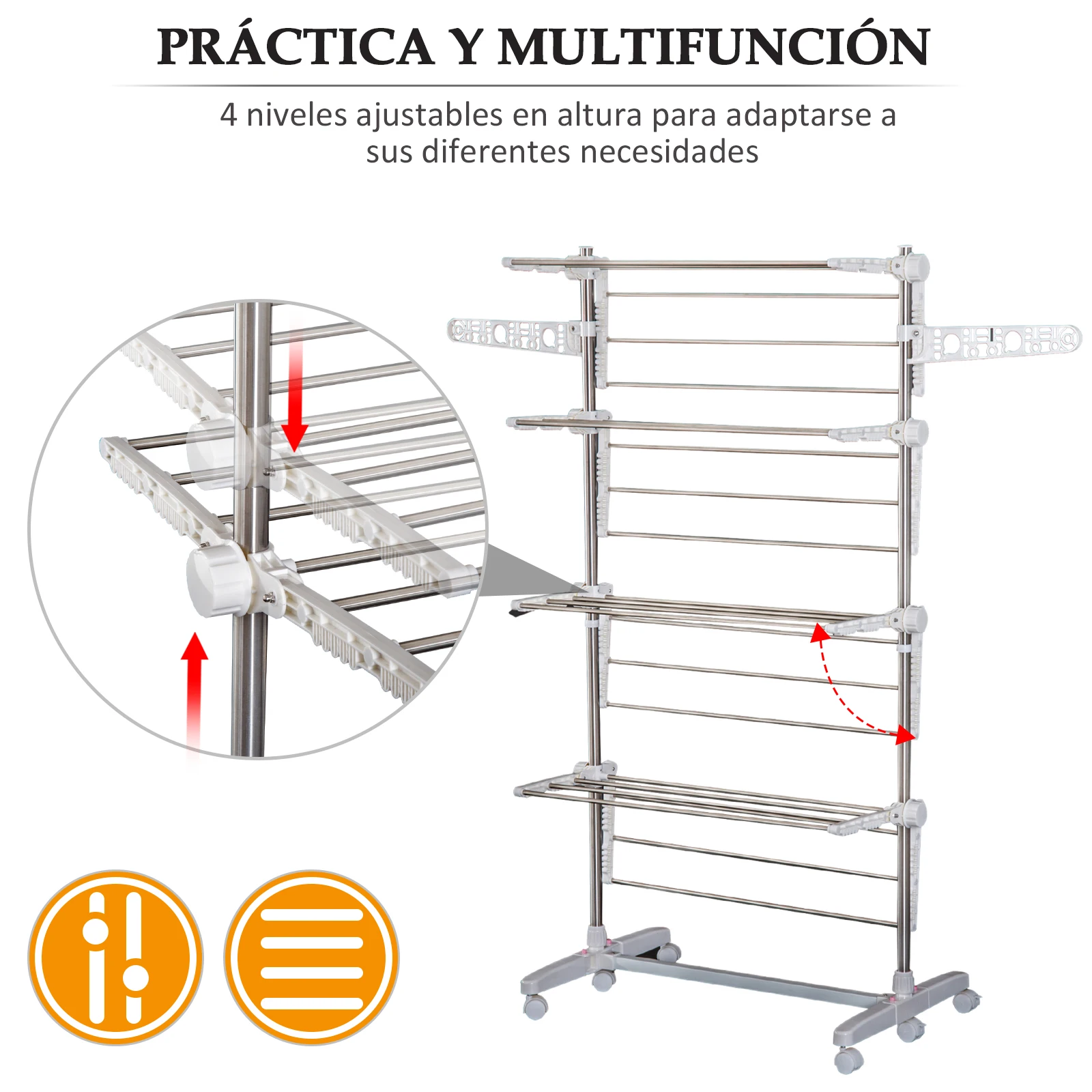 Homcom tendedero ple gable 4 niveles con 6 ruedas estantes acero 80-142x55x172 cm – Detail 13