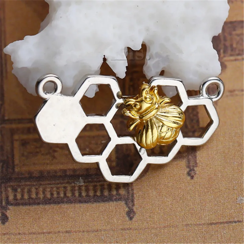 8Seasons Zinc Based Alloy Connectors Findings Honeycomb Silver Color & Light Gold Bee Carved Hollow 25mm x 14mm( 4/8