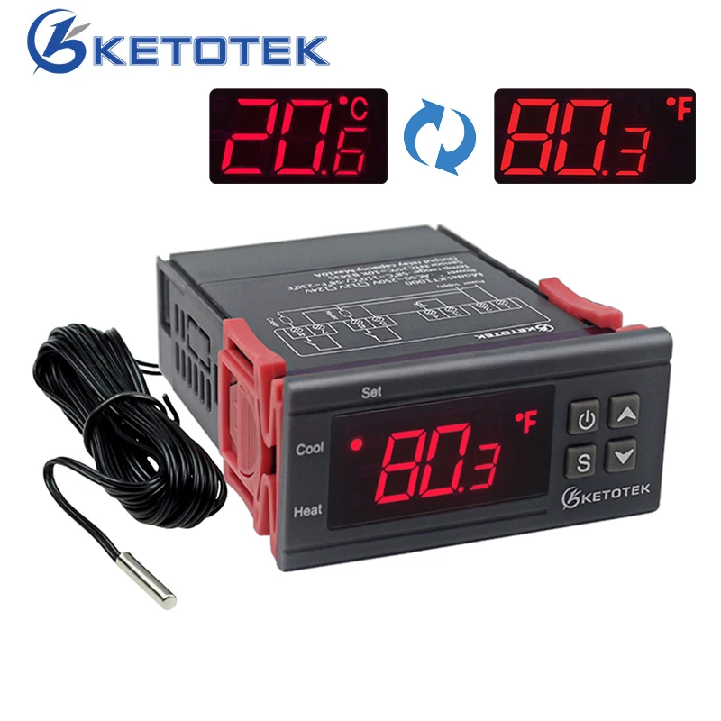 Termorregulador Digital Kt1000 Termostato Controle de Temperatura 12v 24v 220v para Incubadora com Aquecedor e Refrigerador com Tela c & f