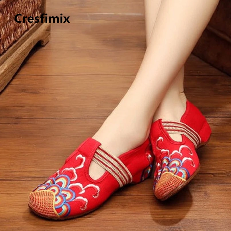 Cresfimix women casual high quality canvas embroidery dance shoes lady fashion retro slip on pattern printed summer shoes a227