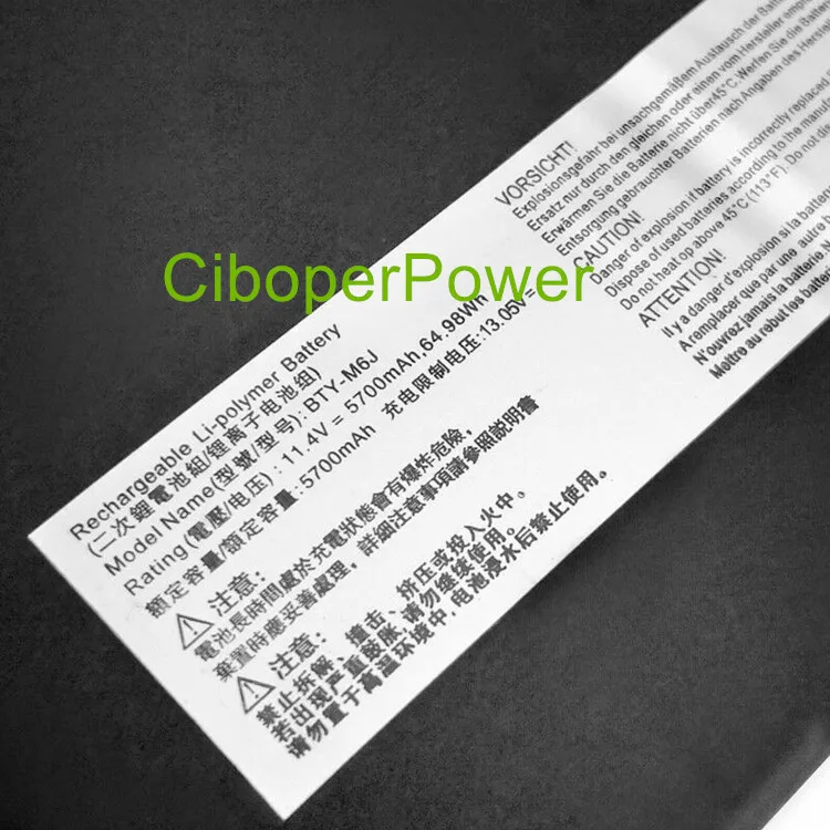 Original quality battery for 11.4V 64.98wh 5700mAh BTY-M6J Battery For GS63VR GS73VR 6RF-001US