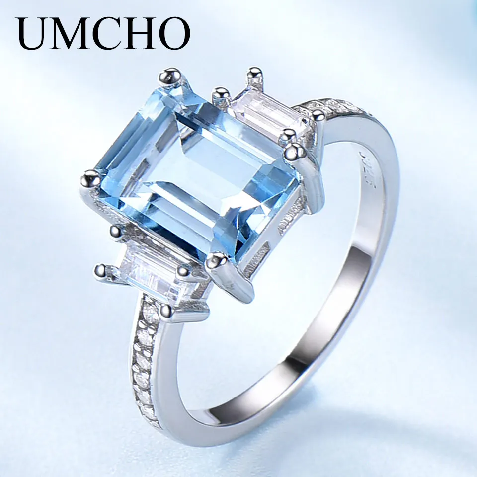 UMCHO Blue Topaz Gemstone Rings for Women Genuine 925 Sterling Silver Aquamarine Ring Romantic Wedding Engagement Fine Jewelry