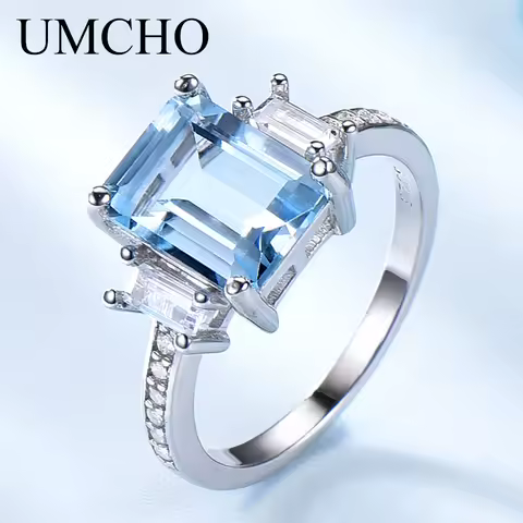 UMCHO Nano Blue Topaz Gemstone Rings for Women Genuine 925 Sterling Silver Aquamarine Ring Romantic Engagement Fine Jewelry