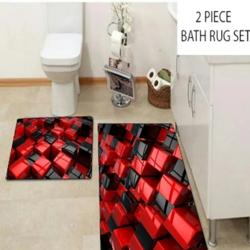 

Else Red Black Abstract Cubes Boxes Modern 2 Pcs 3d Pattern Print Bath Mats Anti Slip Soft Washable Bathroom Mat Toilet Rugs