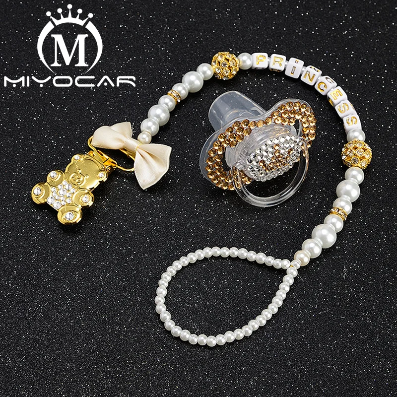 MIYOCAR beautiful gold bling bear pacifier clip dummy clip holder pacifier holder with bling gold crown bling pacifier SP016