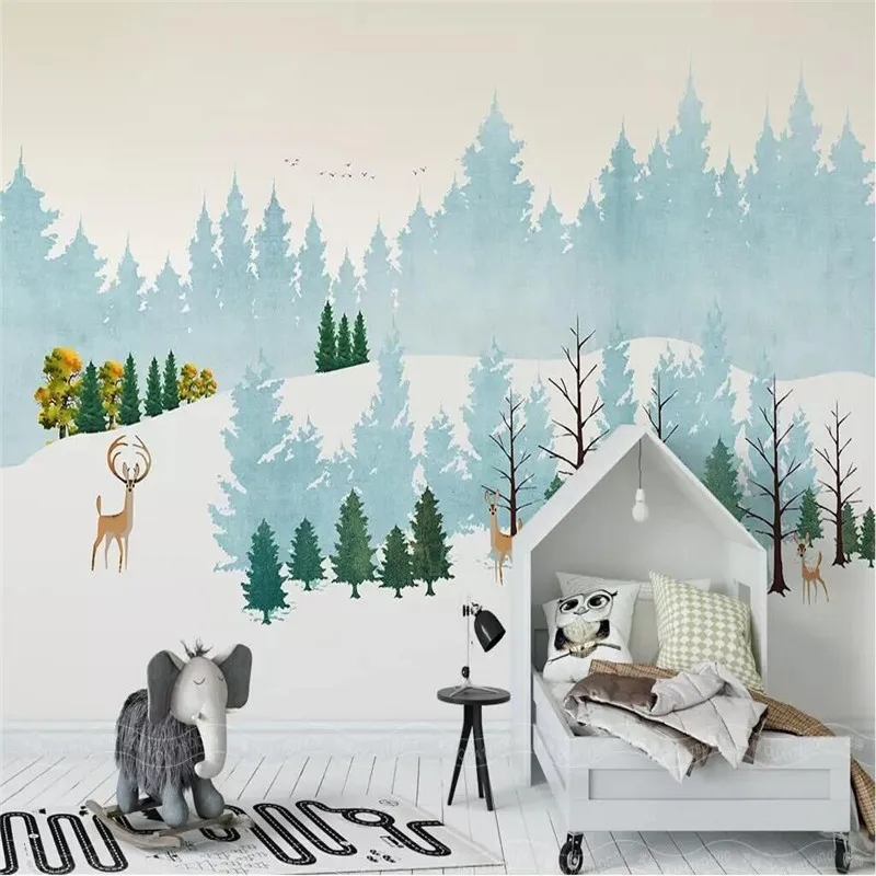 

Nordic minimalist hand-painted elk forest scenery children's background wall manufacturers wholesale wallpaper mural custom phot