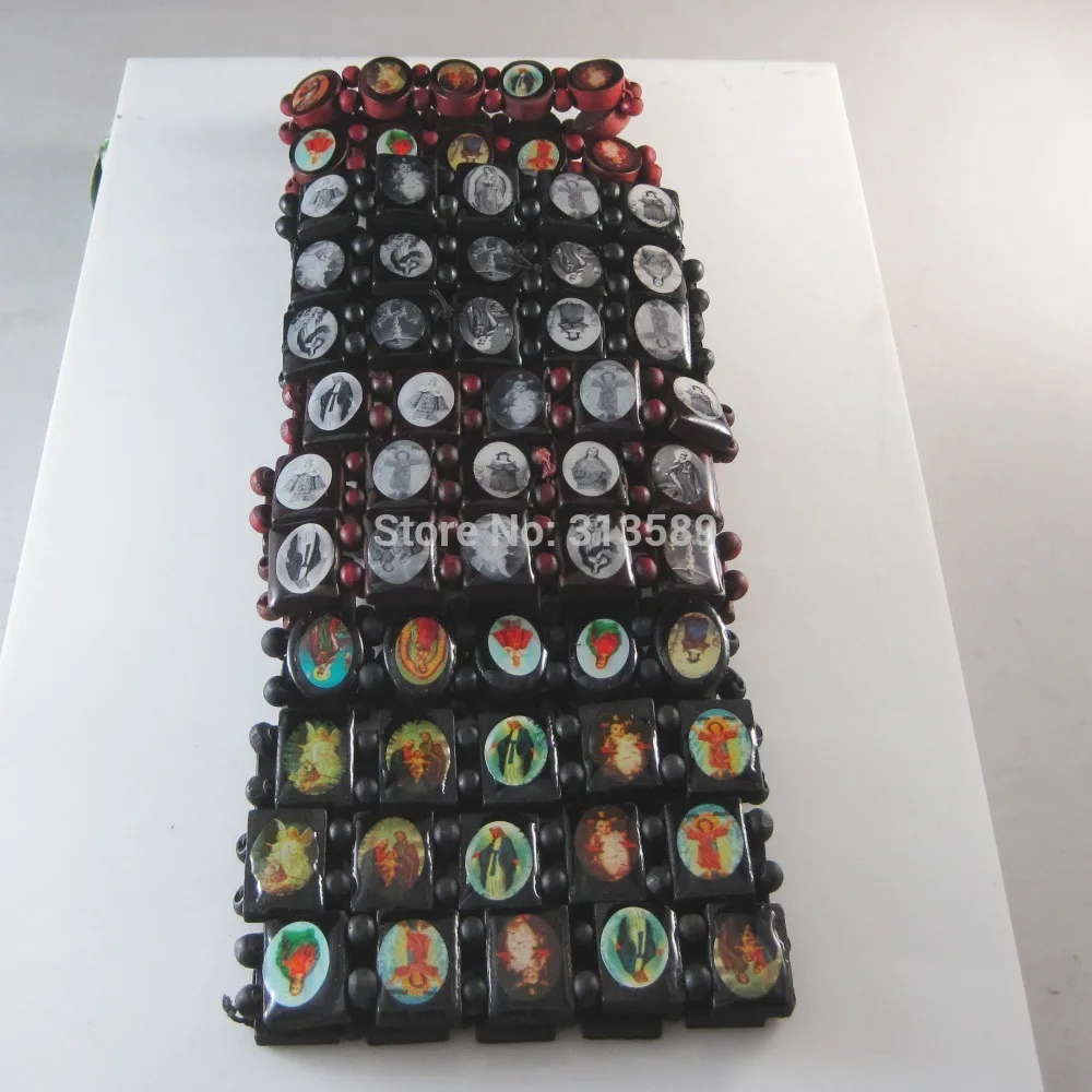 Pulsera de madera elástica UNISEX, brazalete con imagen religiosa de los Santos, Jesús, Cruz, Virgen María, a la moda, de una sola pieza