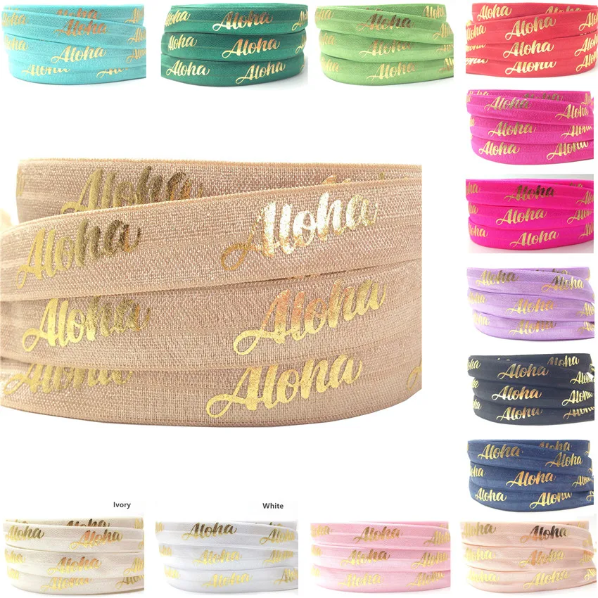 5Yards 5/8 Aloha Gold Foil print fold over elastic wholesale DIY Craft elastic band foe handmade webbing 14 colors for pick